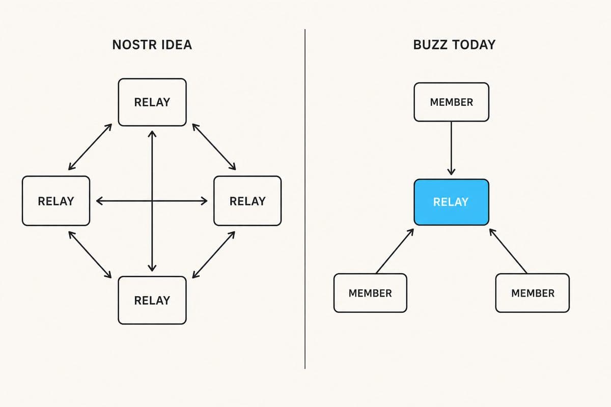The Nostr ideal of many linked relays next to Buzz today, one relay that every member points at