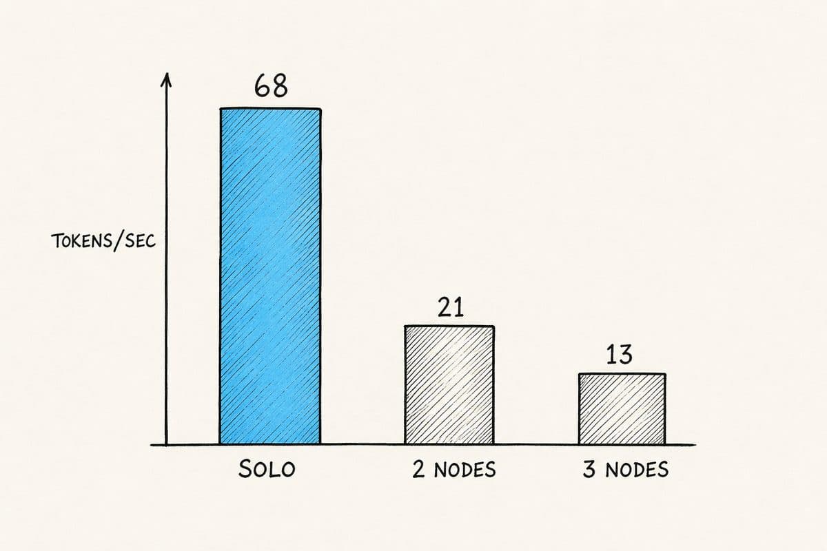 Tokens per second running solo on one machine versus split across two and three machines