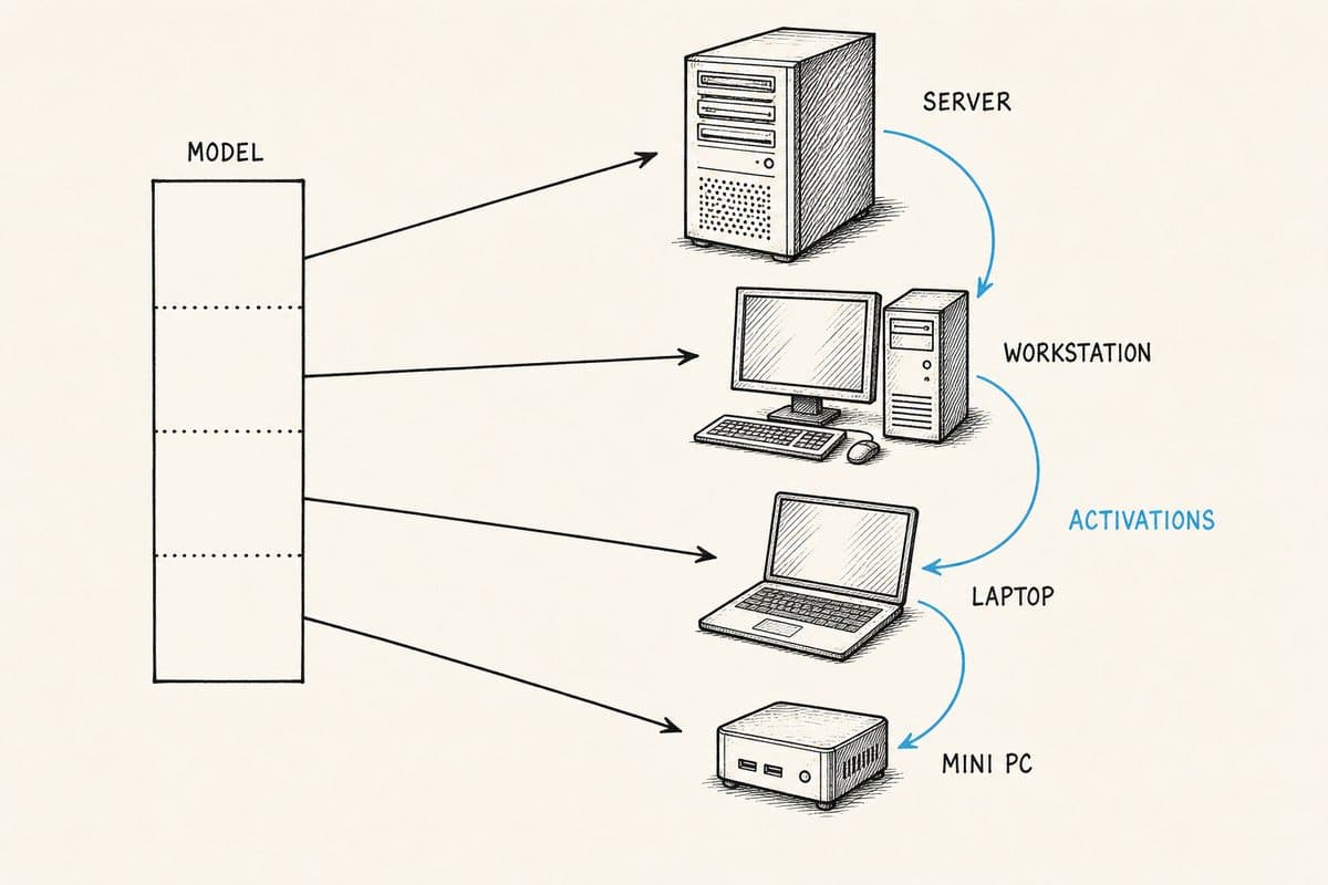 Split mode, one model cut into layer slices spread across four mismatched machines, with activations flowing between them