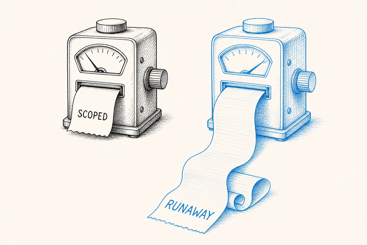 A scoped run stays cheap while a vague prompt runs up the meter, a short SCOPED receipt next to a long RUNAWAY one