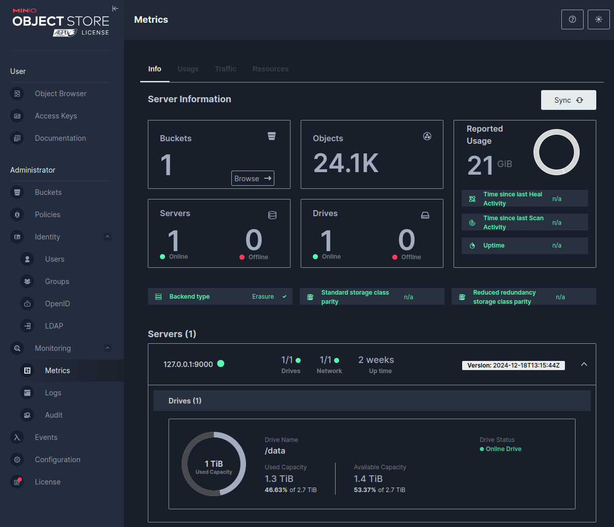 MinIO dashboard